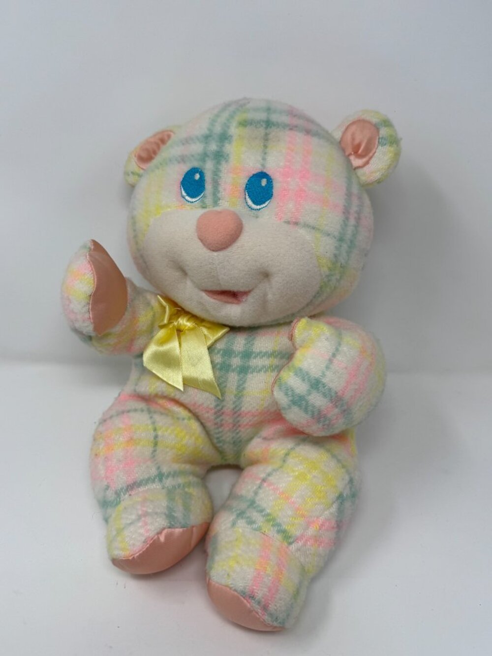 Vintage Playskool 1987 Blankies Bear Pastel Plaid Pink Satin Plush Lovey 5403